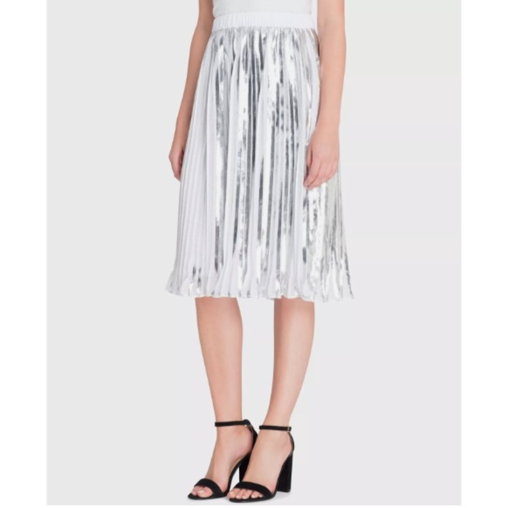 Catherine Malandrino Size‎ Large Duncan Pleated Midi Skirt Silver White NWT $108